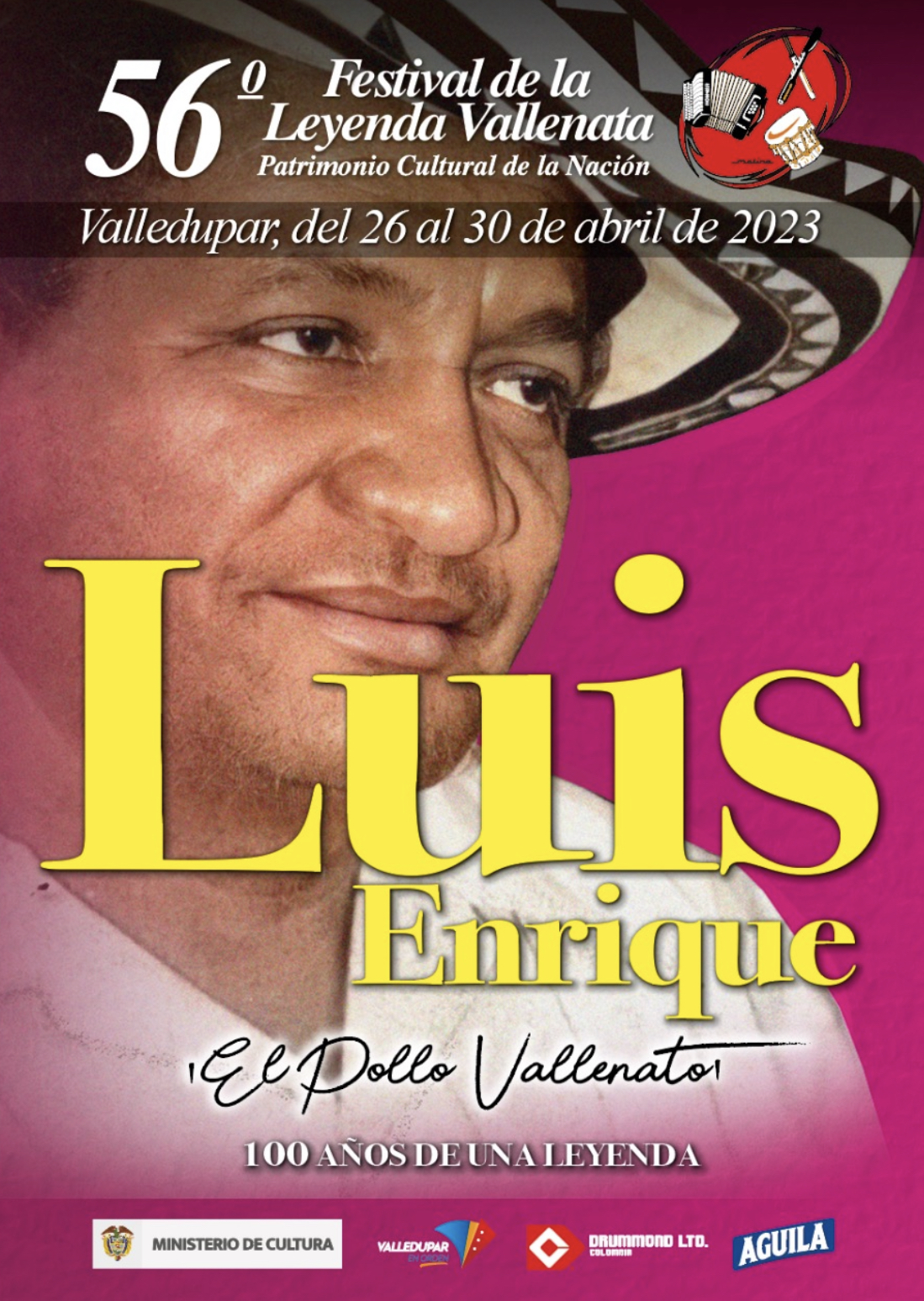 Este es el afiche promocional del 56° Festival de la Leyenda Vallenata en homenaje a Luis Enrique Martínez