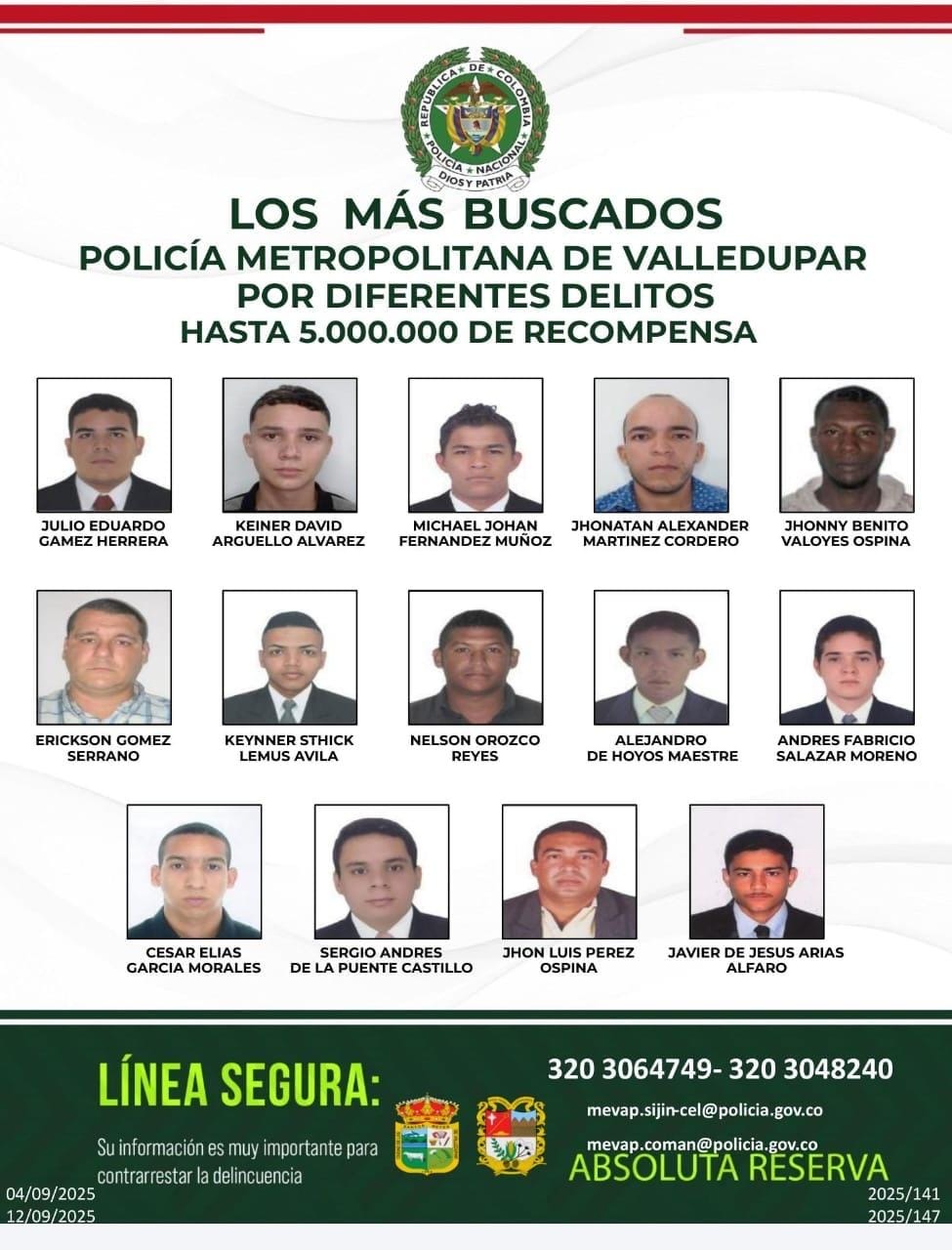 Autoridades presentan el cartel de los 14 más buscados en Valledupar